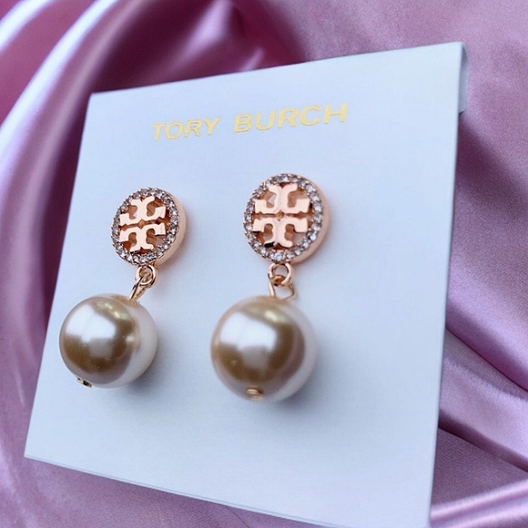 Tory Burch Rose Gold Crystal Pearl Drop Earrings - Picture 5 of 5